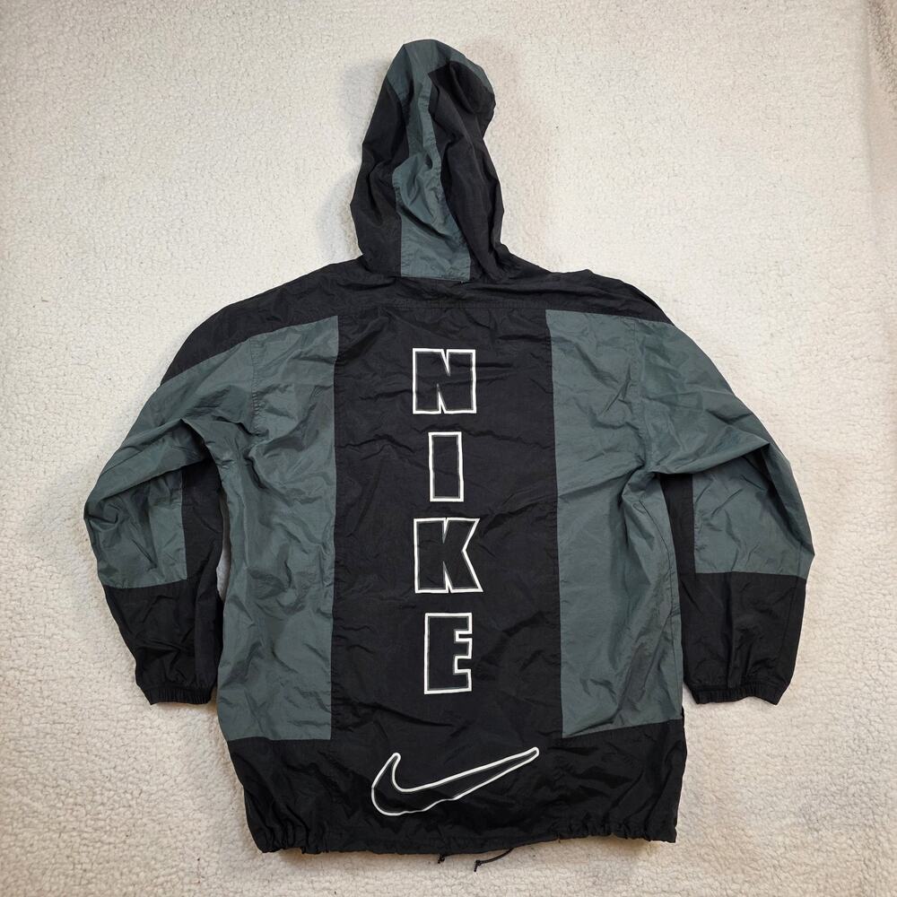 Vintage 90s Nike Air Center Swoosh Pullover Hood Jacket M Black Green Spell Out